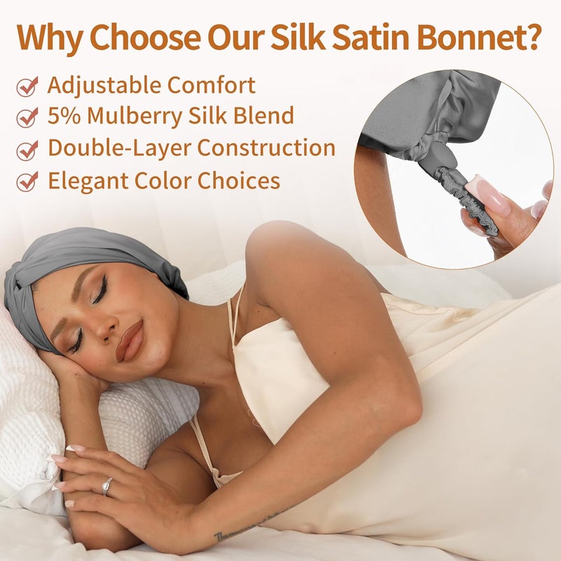 elio Adjustable Silk Satin Hair Bonnet for Sleeping with 5% Mulberry Silk – Double Layer Hair Cap for Women & Men, Extra Smooth Night Cap for Curly, Braided, Natural Hair – Silk Shower Cap (Grey) - Image 2